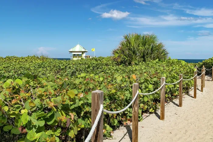 Framed Print : Florida, South Florida, Delray Beach, lifeguard station with pathway leading towards the ocean