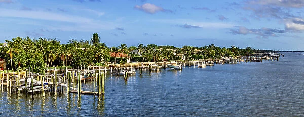 Florida, South Florida, Manalapan, boat slips on the Intercoastal viewed from drawbridge