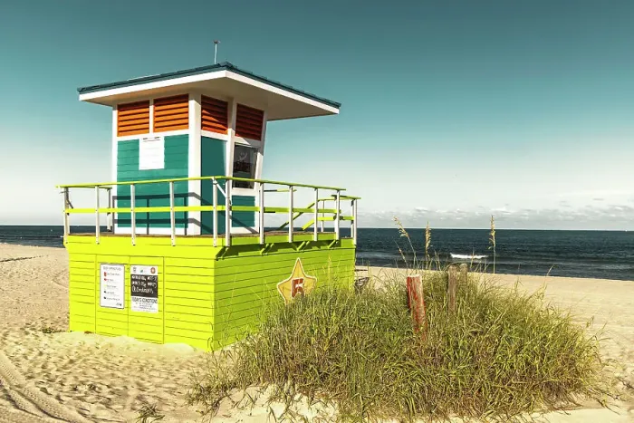 Framed Print : Florida, South Florida, Pompano Beach, lifeguard house with palm tree Framed Print : Florida, South Florida, Pompano Beach, lifeguard house with palm tree
