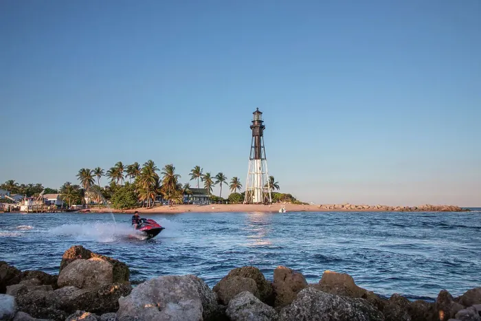 Framed Print : Florida, South Florida, Pompano Beach, view of Hillsboro lighthouse and fishing boat Framed Print : Florida, South Florida, Pompano Beach, view of Hillsboro lighthouse and fishing boat