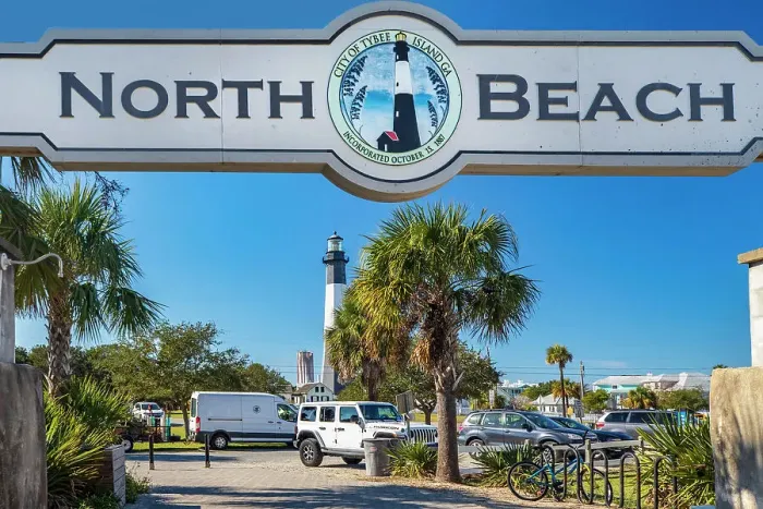 Framed Print : Georgia, Tybee Island, North Beach sign with Tybee Lighthouse in back Framed Print : Georgia, Tybee Island, North Beach sign with Tybee Lighthouse in back