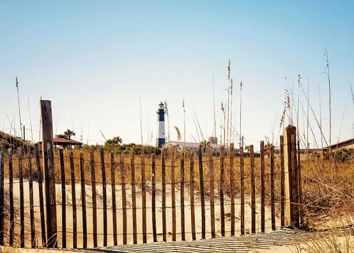 Framed Print : Georgia, Tybee Island, Tybee Lighthouse seen through picket fence Framed Print : Georgia, Tybee Island, Tybee Lighthouse seen through picket fence