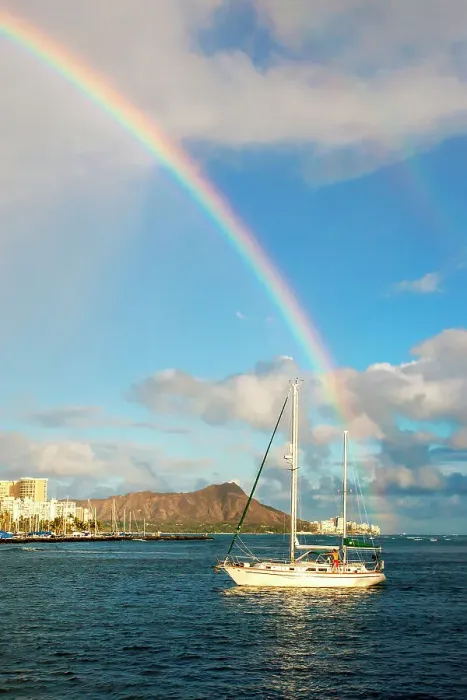 Framed Print : Hawaii, Oahu, Honolulu, View of Diamond Head coastline, rainbow across the sky Framed Print : Hawaii, Oahu, Honolulu, View of Diamond Head coastline, rainbow across the sky