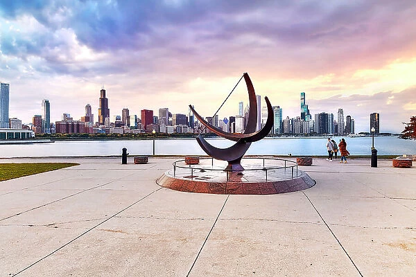 Illinois, Chicago, City Skyline and Sundial from Adler Planetarium