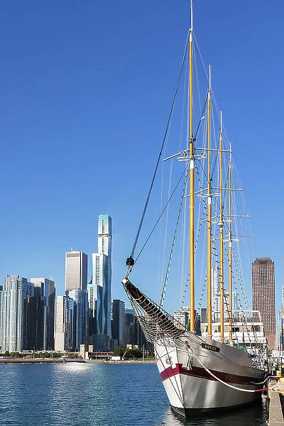 Illinois, Chicago, Sailboat and Skyline seen from Navy Pier