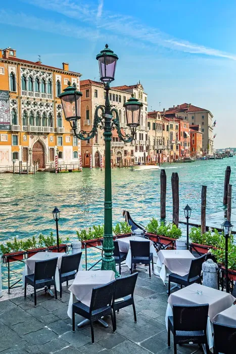 Framed Print : Italy, Veneto, Venice, waterfront Outdoor cafe overlooking Grand canal and typical architecture near Ponte dell'Accademia Framed Print : Italy, Veneto, Venice, waterfront Outdoor cafe overlooking Grand canal and typical architecture near Ponte dell'Accademia