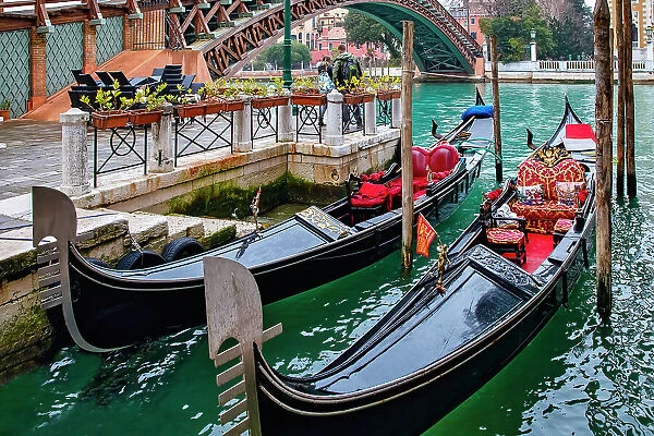 Italy, Venice, gondolas on canal by The Accademia Bridge