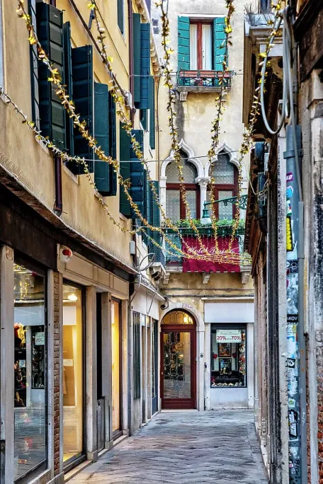 Framed Print : Italy, Venice, narrow street with stores Framed Print : Italy, Venice, narrow street with stores
