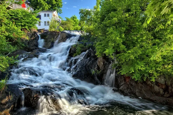 Framed Print : Maine, Camden, Waterfall into Camden Harbor Framed Print : Maine, Camden, Waterfall into Camden Harbor