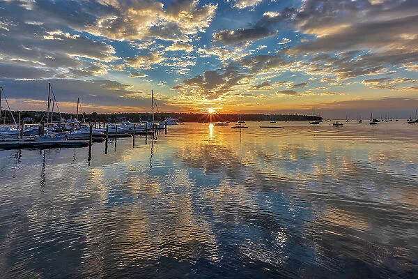 Maine, Southwest Harbor, Dysart Great Harbor Marina at sunset