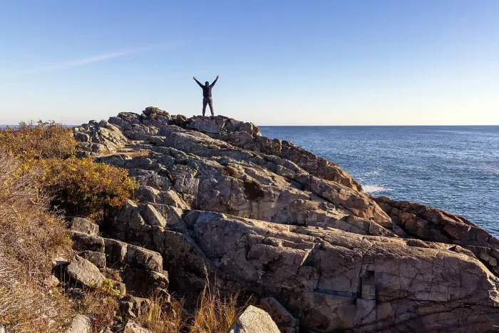 Framed Print : Man Standing on Rocks along Marginal Way Trail Framed Print : Man Standing on Rocks along Marginal Way Trail