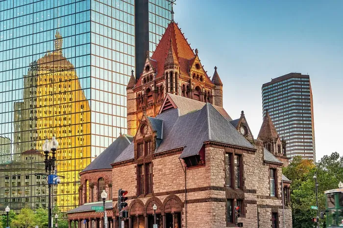 Framed Print : Massachusetts, Boston, Trinity Church and Berkeley Building reelecting on modern building on Boylston Street and Clarendon Street Framed Print : Massachusetts, Boston, Trinity Church and Berkeley Building reelecting on modern building on Boylston Street and Clarendon Street