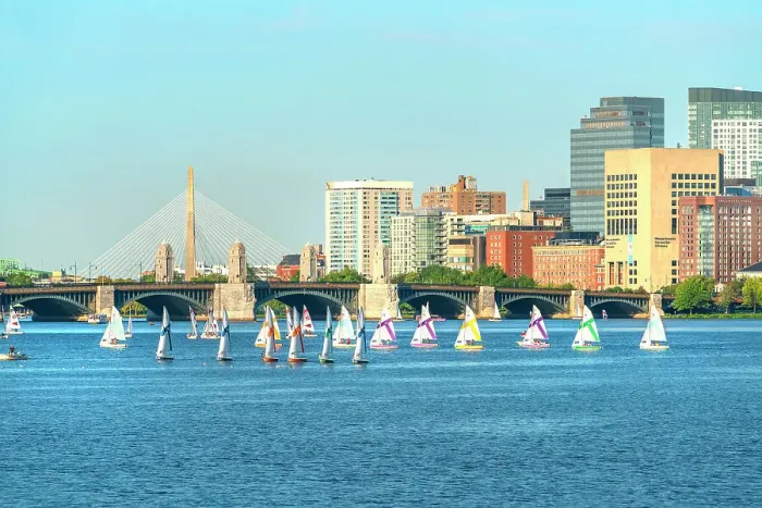 Framed Print : Massachusetts, Boston, sailboat on the Charles River, Leonard P. Zakim Bunker Hill Memorial Bridge in the background