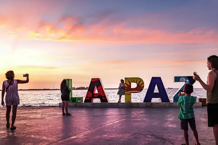 Framed Print : Mexico, La Paz, Malecon, La Paz sign, sunset, waterfront boardwalk