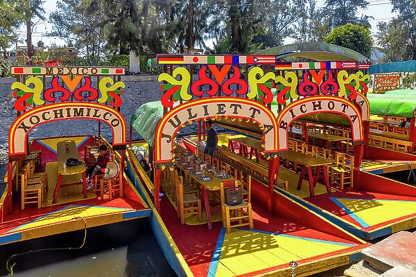 Mexico, Mexico City, Colorful Trajinera Boats at Xochimilco
