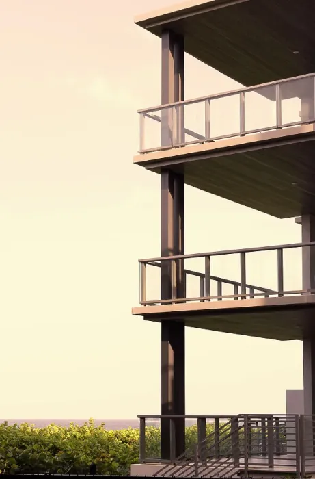 Framed Print : Modern building in front of ocean