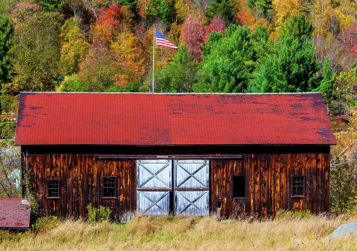 Framed Print : New York, autumn colors with old barn and American flag Framed Print : New York, autumn colors with old barn and American flag