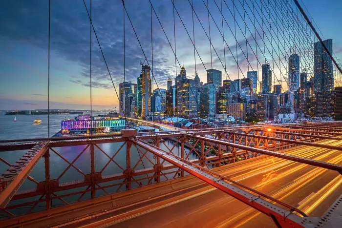 Framed Print : New York City, Brooklyn Bridge, Lower Manhattan views seen through suspension wire