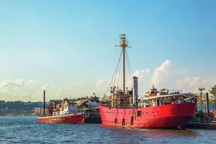 Framed Print : New York City, Brooklyn, Pier 66 Maritime, the Lightship Frying Pan Bar & Grill and the John J. Harvey fireboat Framed Print : New York City, Brooklyn, Pier 66 Maritime, the Lightship Frying Pan Bar & Grill and the John J. Harvey fireboat