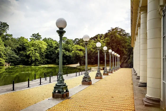 Framed Print : New York City, Brooklyn, Prospect Park, Lampposts in front of the Boathouse on the Lullwater Framed Print : New York City, Brooklyn, Prospect Park, Lampposts in front of the Boathouse on the Lullwater