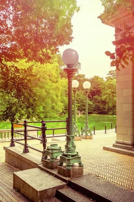 Framed Print : New York City, Brooklyn, Prospect Park, lampposts and Lullwater Bridge in front of boathouse Framed Print : New York City, Brooklyn, Prospect Park, lampposts and Lullwater Bridge in front of boathouse