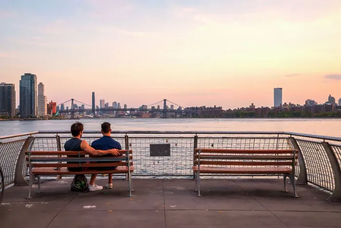 Framed Print : New York City, couple admiring view from WNYC Transmitter Park located in the Greenpoint neighborhood of Brooklyn Framed Print : New York City, couple admiring view from WNYC Transmitter Park located in the Greenpoint neighborhood of Brooklyn