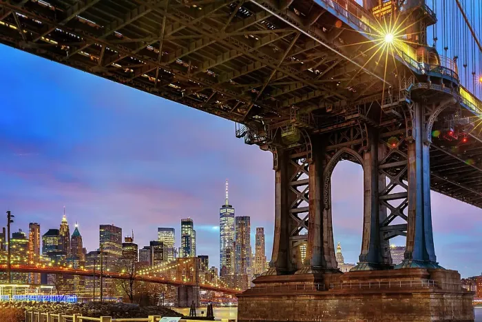 Framed Print : New York City, East River, Brooklyn, Dumbo, Manhattan Bridge, Brooklyn Bridge and Freedom Tower in background Framed Print : New York City, East River, Brooklyn, Dumbo, Manhattan Bridge, Brooklyn Bridge and Freedom Tower in background