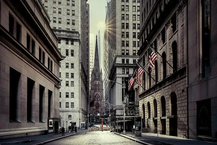 Framed Print : New York City, Lower Manhattan, Wall Street with view of Trinity Church Framed Print : New York City, Lower Manhattan, Wall Street with view of Trinity Church