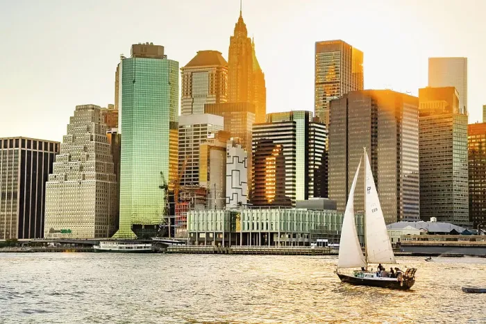Framed Print : New York City, Lower Manhattan financial district and sailboat viewed from Brooklyn