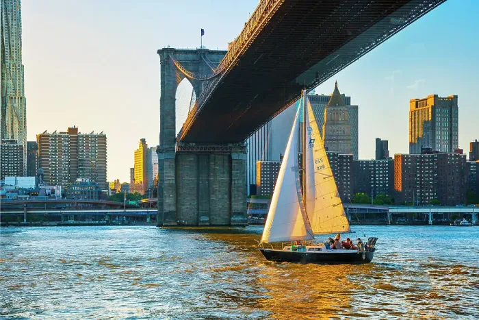 Framed Print : New York City, Lower Manhattan with Sailboat passing under Brooklyn Bridge Framed Print : New York City, Lower Manhattan with Sailboat passing under Brooklyn Bridge