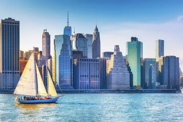 Framed Print : New York City, Lower Manhattan skyline with sailboat, seen from Pier 2 in Brooklyn Framed Print : New York City, Lower Manhattan skyline with sailboat, seen from Pier 2 in Brooklyn