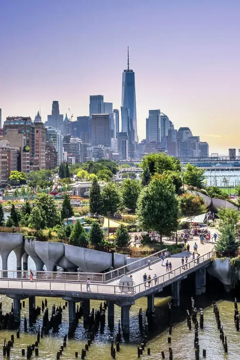 Framed Print : New York City, Manhattan, Little Island with Pilings at Pier 55 and Freedom Tower in the background