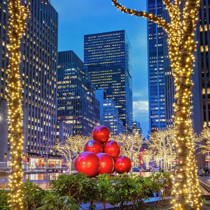 Framed Print : New York City, Manhattan, Midtown, Rockefeller Center, fountain with large red Christmas ball ornaments