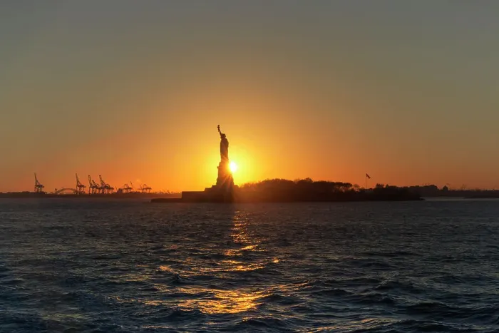 Framed Print : New York City, Statue of Liberty at sunset