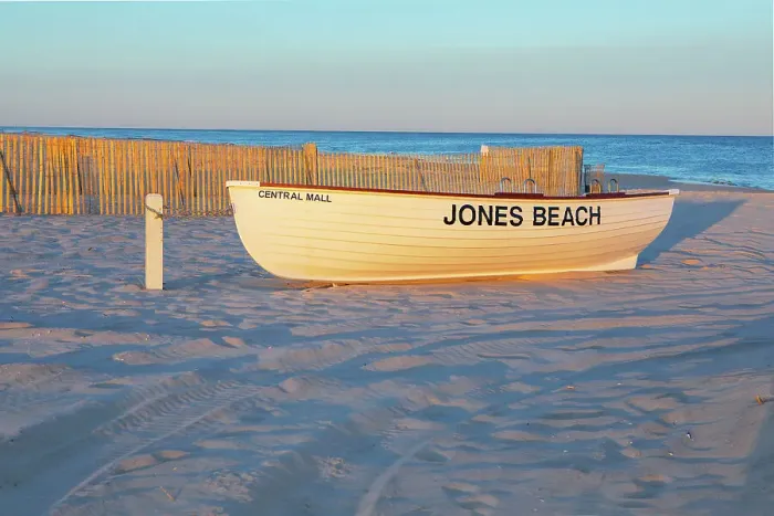 Framed Print : New York, Long Island, Jones Beach, Wooden Boat at sunset