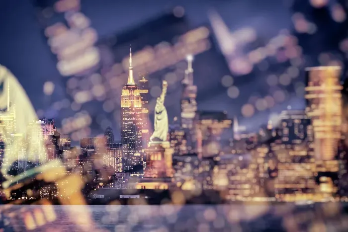 Framed Print : New York, New York City, Skyline with Statue of Liberty, night Framed Print : New York, New York City, Skyline with Statue of Liberty, night