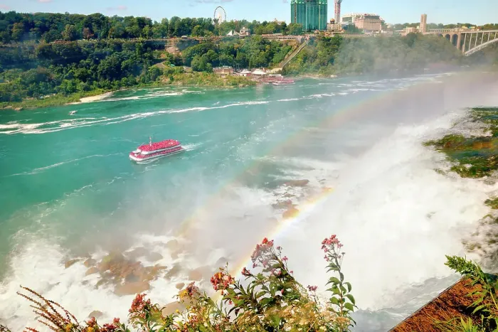 Framed Print : New York, Niagara, Canadian Side of Niagara and Tourist Boat going into waterfalls