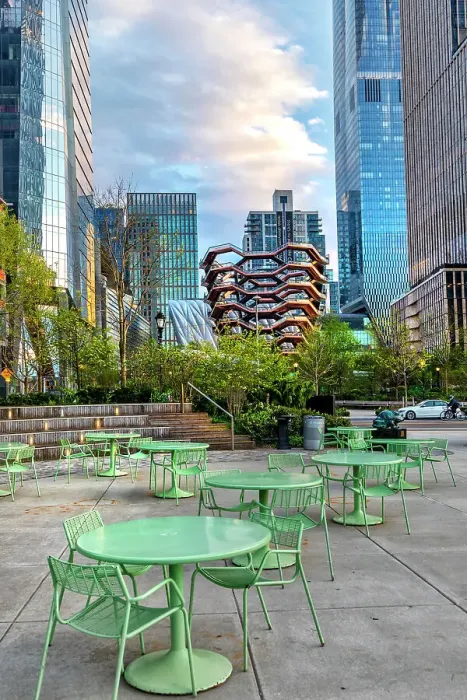 Framed Print : New York, NYC, Bella Abzug Park, Hudson Yards Vessel, outdoor seating