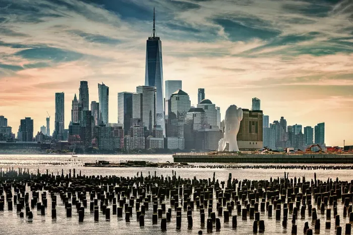 Framed Print : NJ, Newport Waterfront, Views of NYC with Water's Soul sculpture Framed Print : NJ, Newport Waterfront, Views of NYC with Water's Soul sculpture