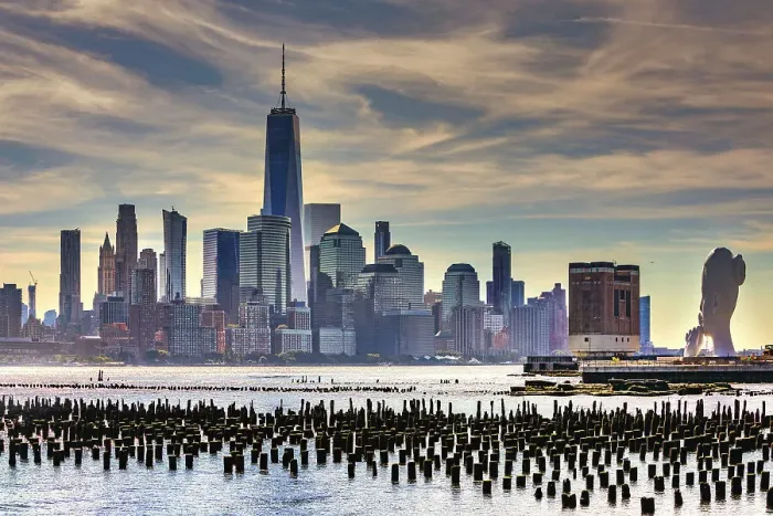 Framed Print : NJ, Newport Waterfront, Views of NYC with Water's Soul sculpture Framed Print : NJ, Newport Waterfront, Views of NYC with Water's Soul sculpture