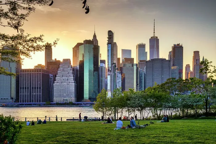Framed Print : NYC, Brooklyn, Brooklyn Bridge Park, lawn, panoramic views of lower Manhattan Framed Print : NYC, Brooklyn, Brooklyn Bridge Park, lawn, panoramic views of lower Manhattan