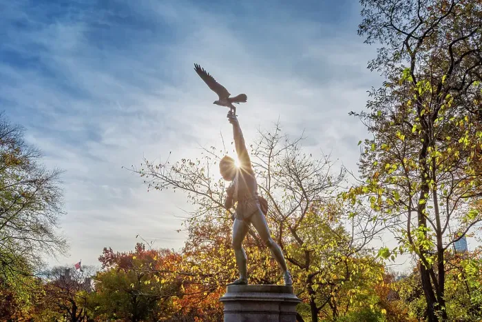 Framed Print : NYC, Manhattan, Central Park, The Falconer Statue During Autumn Framed Print : NYC, Manhattan, Central Park, The Falconer Statue During Autumn