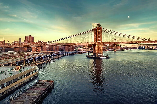NYC, Manhattan, View of East River with Brooklyn Bridge near South Street and FDR Drive