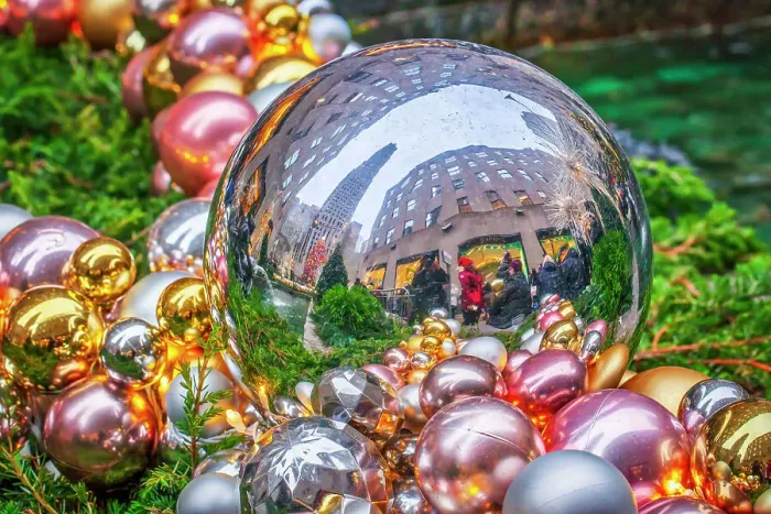 Framed Print : NYC, Rockefeller Center, close up of Christmas ball decorations Framed Print : NYC, Rockefeller Center, close up of Christmas ball decorations