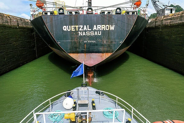 Panama, Panama Canal, Cargo ship at Pedro Miguel Locks