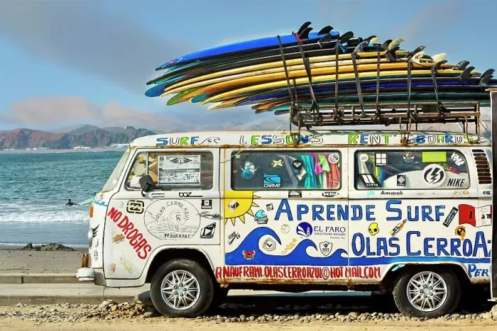 Framed Print : Peru, Canetes, Cerro Azul, Van with surf boards at Playa Azul Framed Print : Peru, Canetes, Cerro Azul, Van with surf boards at Playa Azul