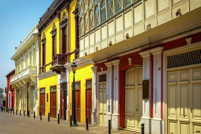 Framed Print : Peru, Lima, Historic District, colorful facades Framed Print : Peru, Lima, Historic District, colorful facades