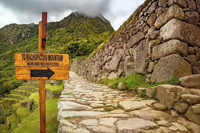 Framed Print : Peru, Machu Picchu, Inca trail and sign to Machu Picchu mountain Framed Print : Peru, Machu Picchu, Inca trail and sign to Machu Picchu mountain