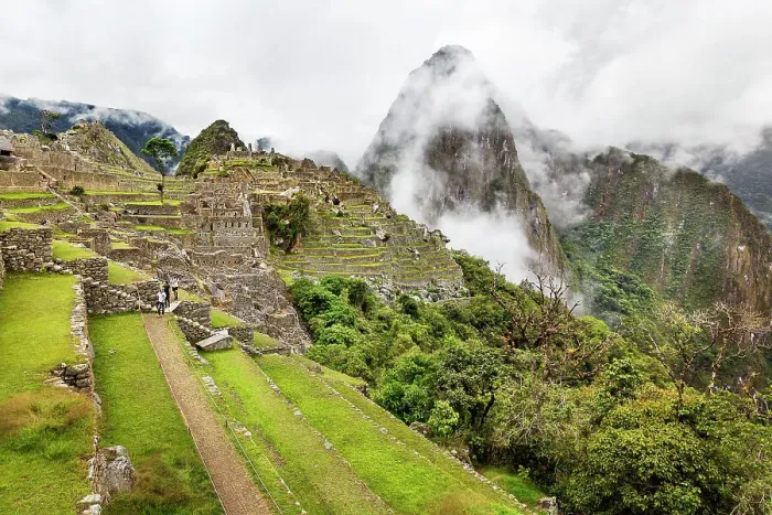 Framed Print : Peru, Machu Picchu ruins, overview of city and Huayna Picchu mountain