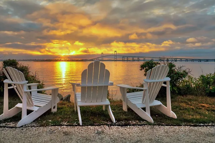 Framed Print : Rhode Island, Newport, adirondack chairs facing Claiborne Pell Bridge over Narragansett Bay